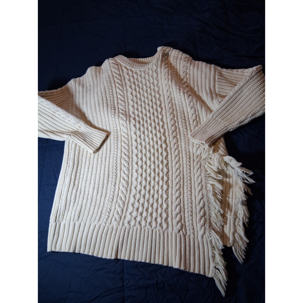 J. Crew Cable Knit Sweater Fringe Side Slit Cream Fisherman Medium western boho